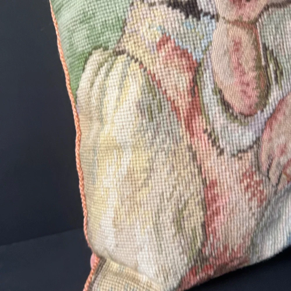 Catherine Diddel Needlepoint Pillow 16x16 Peach Velvet Mother Child Vintage